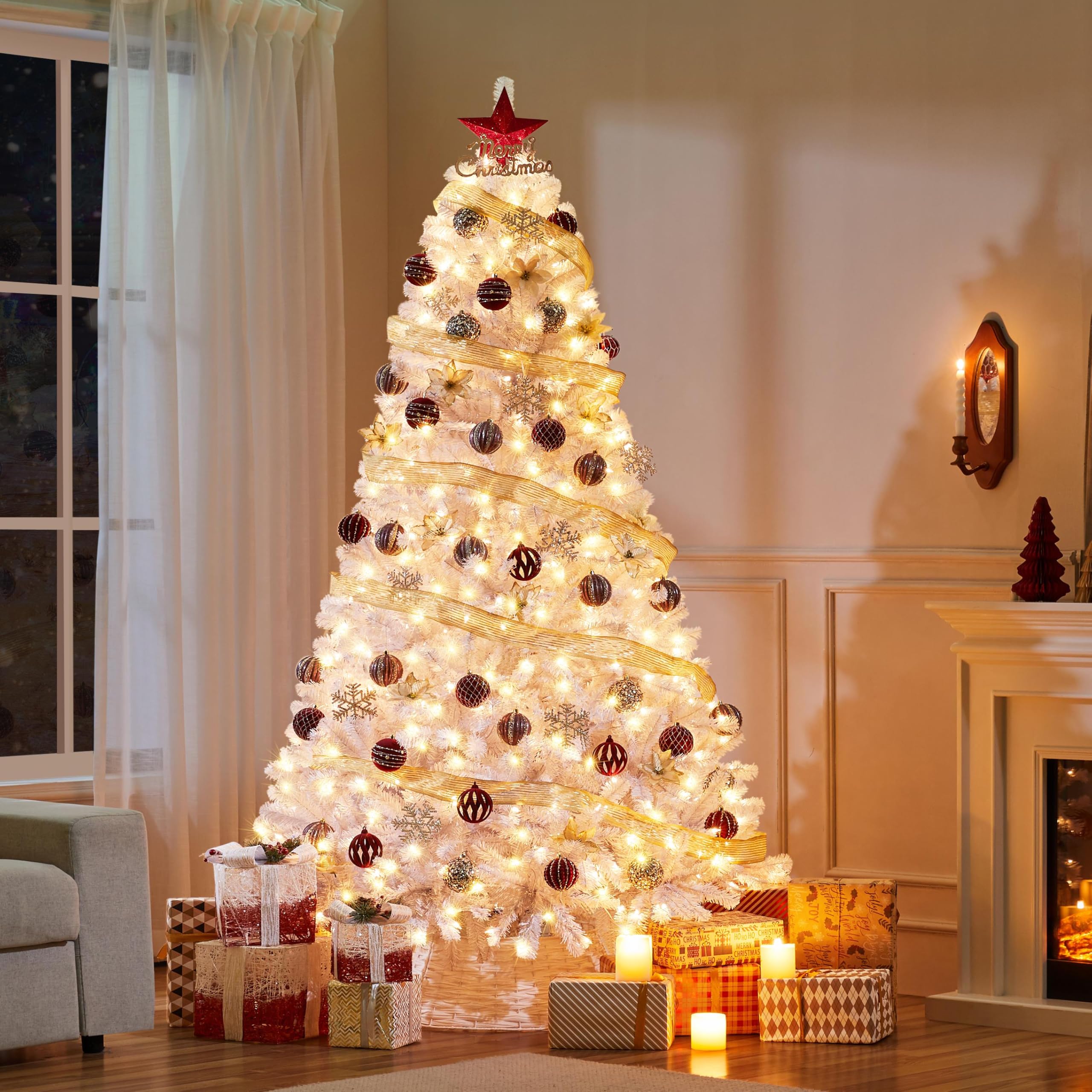 Yaheetech 7.5ft Pre-lit Spruce Artificial Hinged Christmas Pine Tree Prelighted Holiday Xmas Tree for Home Party Decoration with